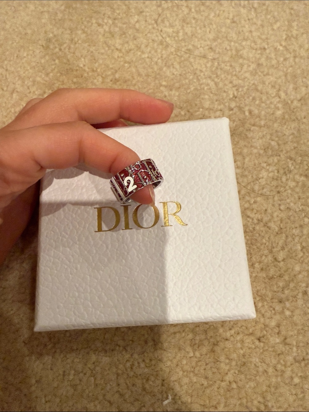 Dior Silver Band Ring with Pink Crystal Inlay